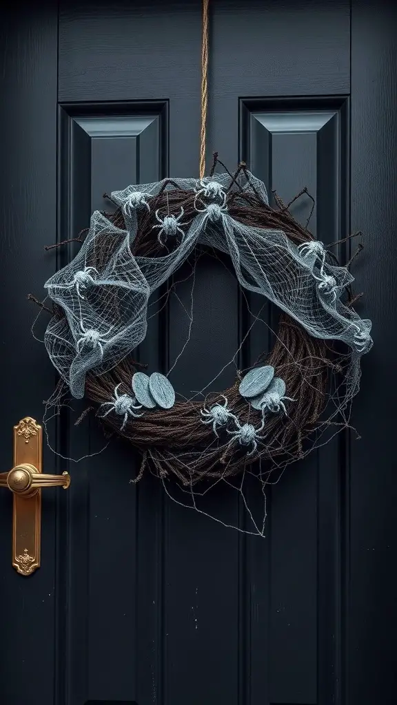 27+ Spooktacular Halloween Wreath Ideas to Enhance Your Decor 4 A spooky wreath made of twigs and adorned with plastic spiders and a web-like overlay, hanging on a dark door.