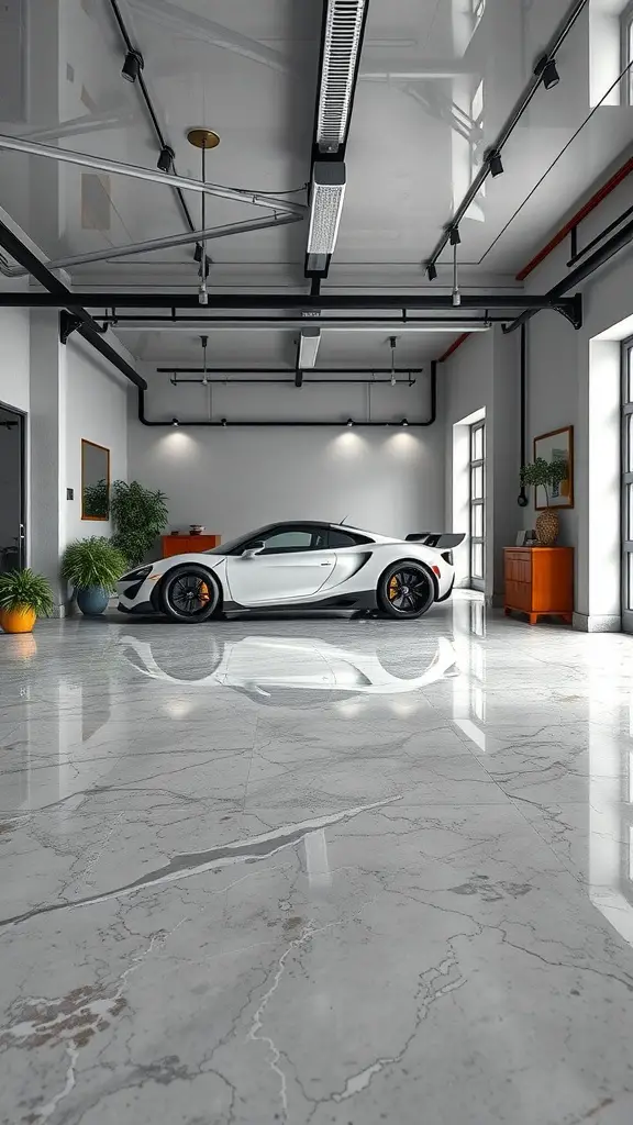 A modern garage with a marbled epoxy floor finish and a sleek white sports car.