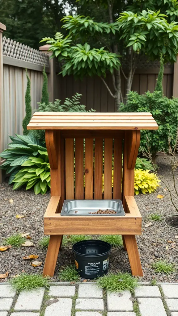 Outdoor wooden dog feeding station with a metal bowl and food container