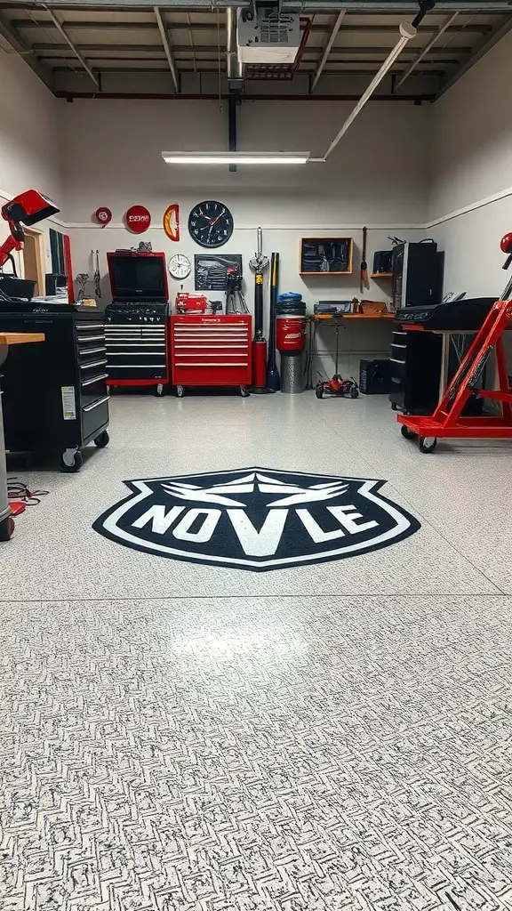 Custom logo epoxy floor in a garage with tools and equipment