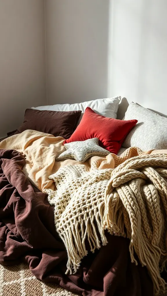 19+ Stunning Vintage Maximalism Decor Ideas to Transform Your Space 12 A cozy bed layered with various textures and fabrics, featuring pillows and blankets in warm tones.