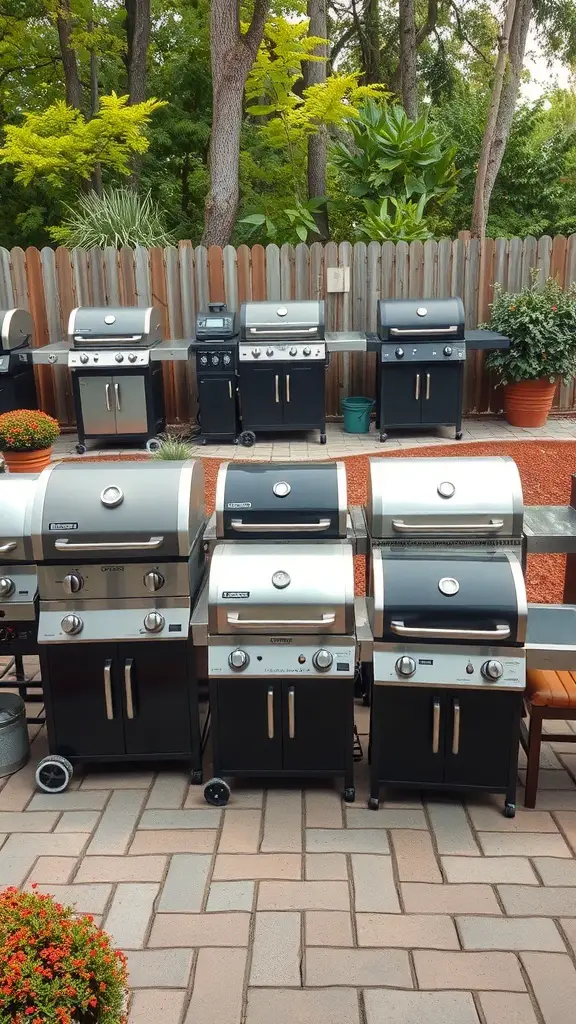 27+ Must-Have Items for the Ultimate Outdoor Grill Station 12 A variety of outdoor grills displayed in a garden setting.