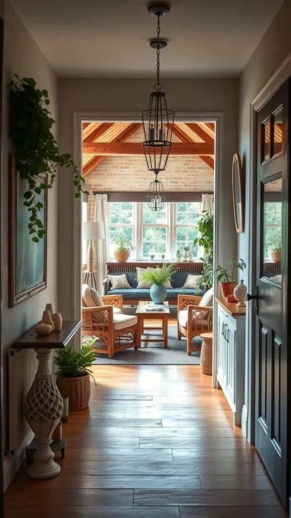 27+ Cozy English Countryside Living Room Ideas to Inspire Your Décor 12 A warm and inviting entryway leading to a cozy living room with wooden floors and plants.