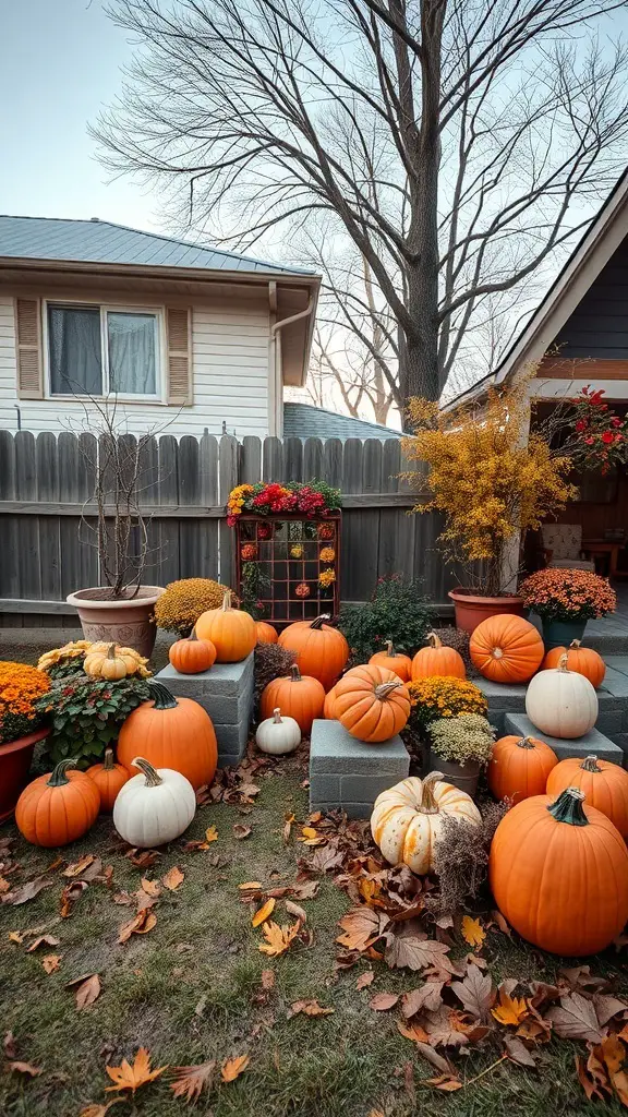 A cozy fall backyard decorated with pumpkins, flowers, and autumn leaves.