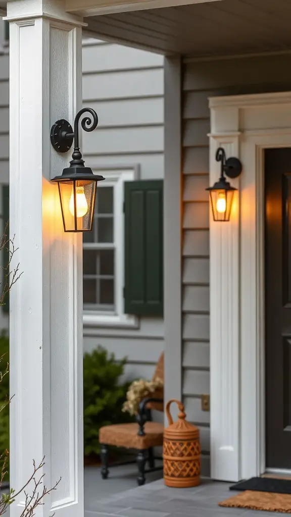 25+ Creative Front Porch Lighting Ideas to Brighten Your Home 9 Two black lantern-style sconces mounted on white porch columns, illuminating the entrance of a home.