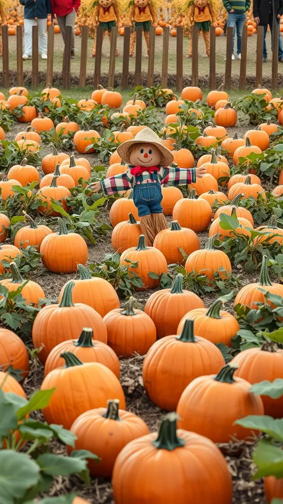 19+ Exciting Halloween Carnival Games for Spooktacular Fun 6 A cheerful scarecrow in a pumpkin patch with bright orange pumpkins.
