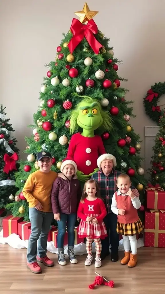 A family posing in front of a Grinch-themed Christmas tree with colorful decorations.