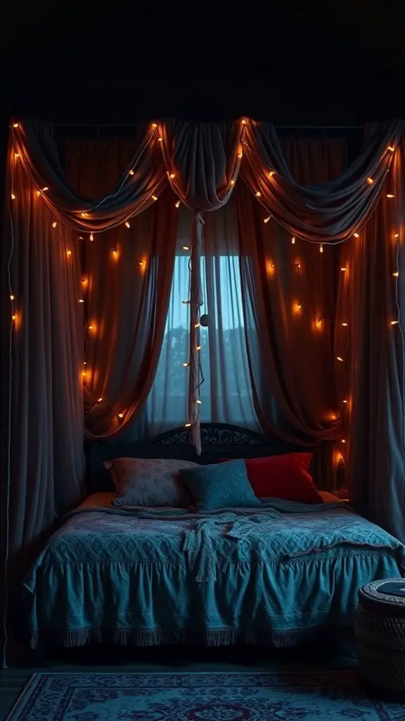 A cozy dark boho bedroom featuring a canopy bed with flowing drapes and fairy lights.
