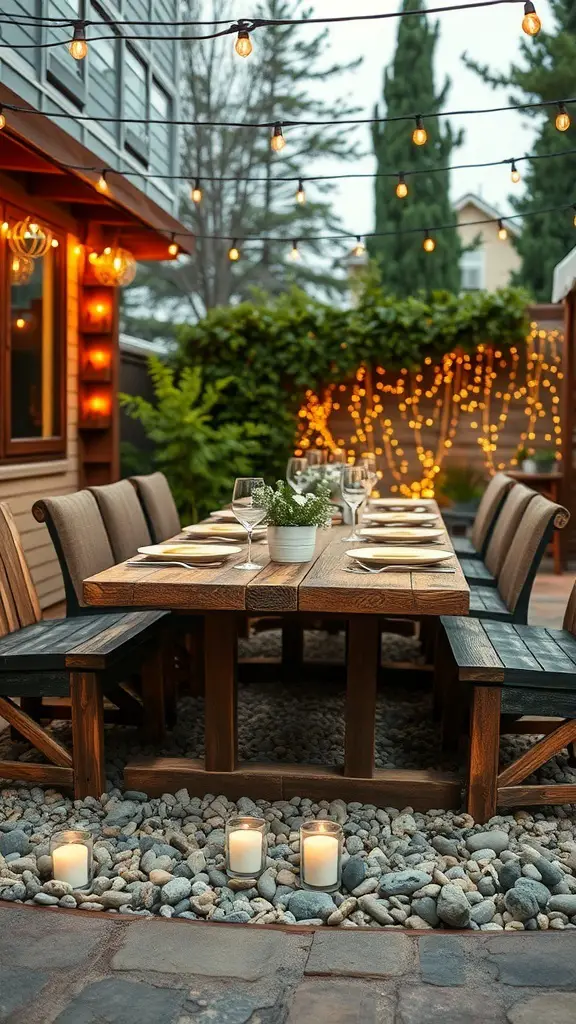 Outdoor dining space with wooden table, string lights, and candles