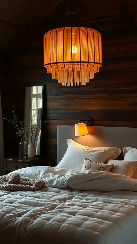 29+ Gorgeous Dark Wood Bedroom Ideas to Inspire Your Space 11 Cozy lighting fixtures in a dark wood bedroom with soft curtains and warm light