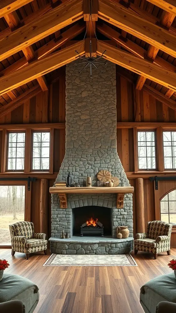 35+ Unique Pole Barn House Plans You'll Love 8 Interior of a rustic pole barn home featuring a stone fireplace and wooden beams.