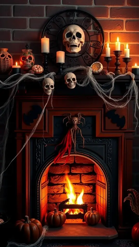 27+ Spooktacular Halloween Fireplace Decor Ideas You Need to Try 10 A Halloween-themed fireplace mantel decorated with skulls, candles, spider webs, and pumpkins.