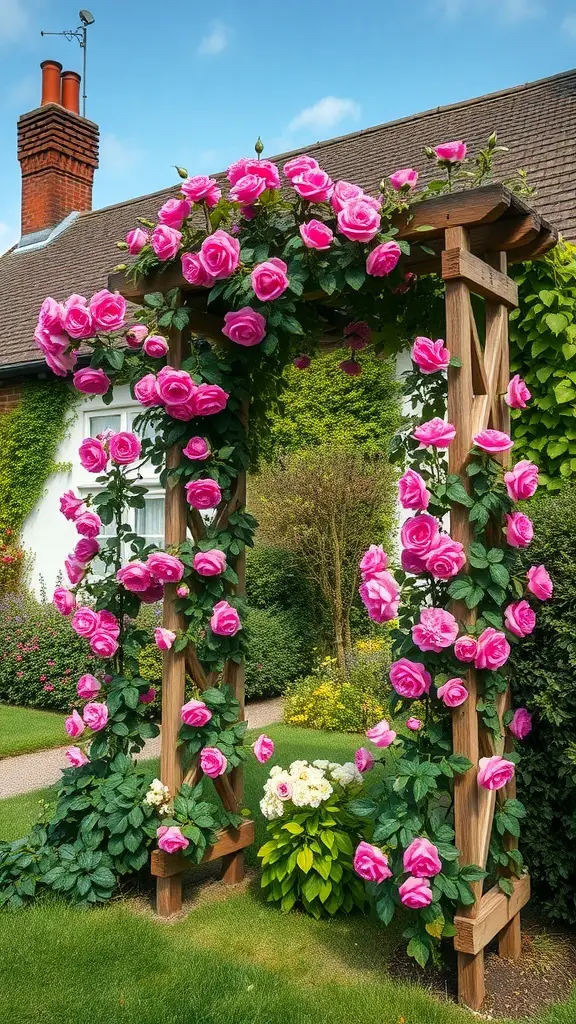 27+ Stunning English Garden Landscaping Ideas You’ll Love 4 A wooden archway covered in vibrant pink roses in a garden setting.