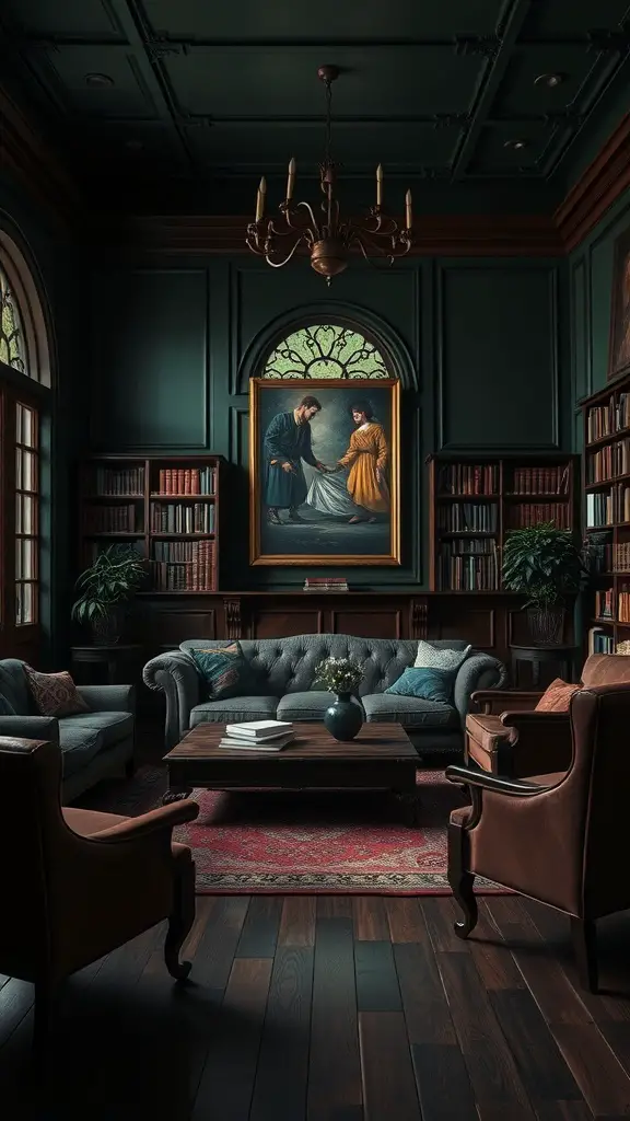 25+ Dark Academia Living Room Essentials You Need for a Cozy Aesthetic 12 A cozy dark academia living room featuring deep green walls, plush furniture, and a large painting.