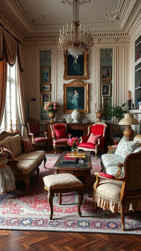 A luxurious living room featuring antique furniture, ornate chandelier, and framed artwork.