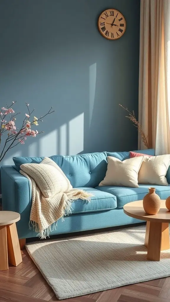 A serene living room featuring a light blue sofa with soft textiles, wooden coffee table, and natural light.
