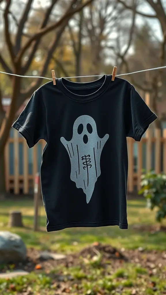 A black t-shirt hanging on a line with a ghost design