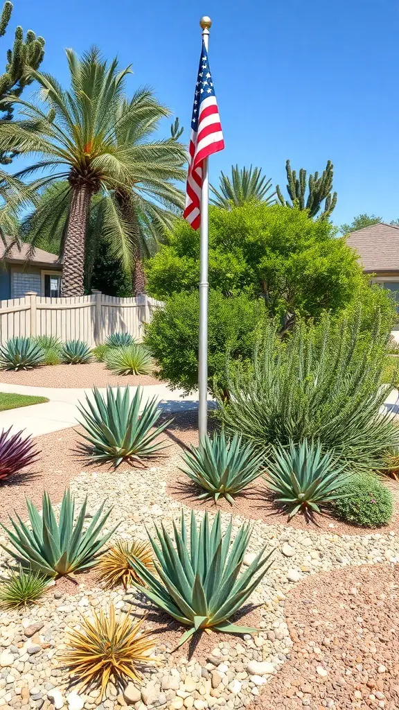 A flag pole surrounded by low-maintenance landscaping featuring succulents and decorative stones.