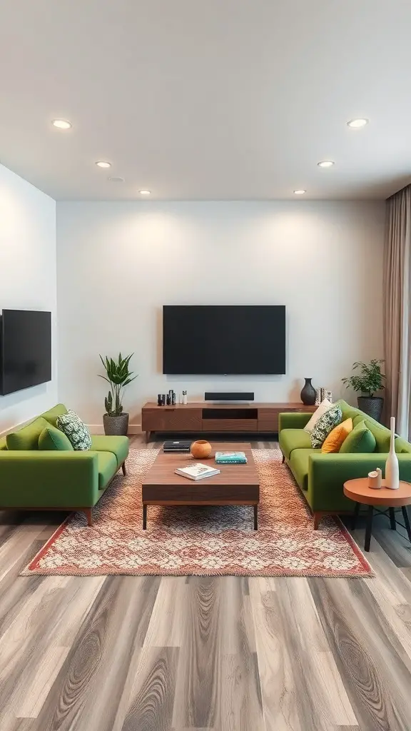 27+ Stunning Green Couch Living Room Ideas You’ll Love 10 A modern living room featuring green couches, a wooden coffee table, and a large TV on the wall.