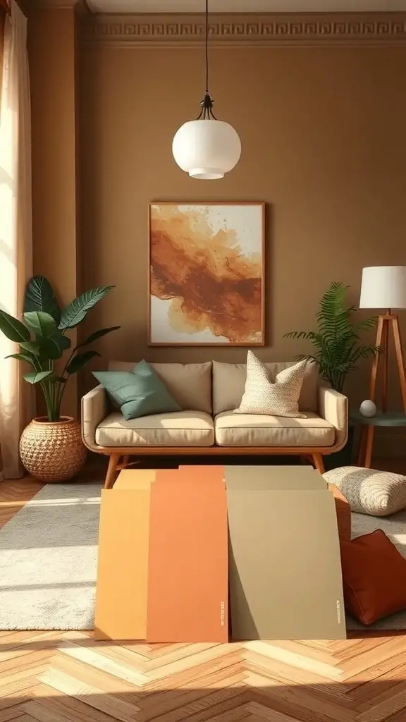 A warm earthy living room featuring a beige sofa, plants, and color swatches on the floor.