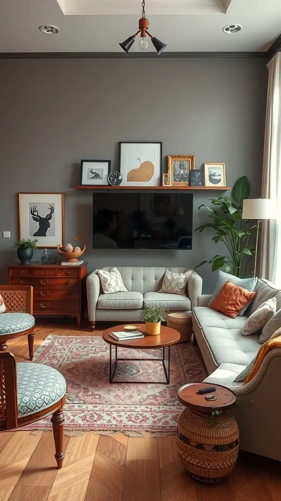 29+ Modern Cottage Living Room Ideas You’ll Love 8 A cozy living room featuring a mix of vintage and modern furniture, with gray walls, a patterned rug, and decorative plants.