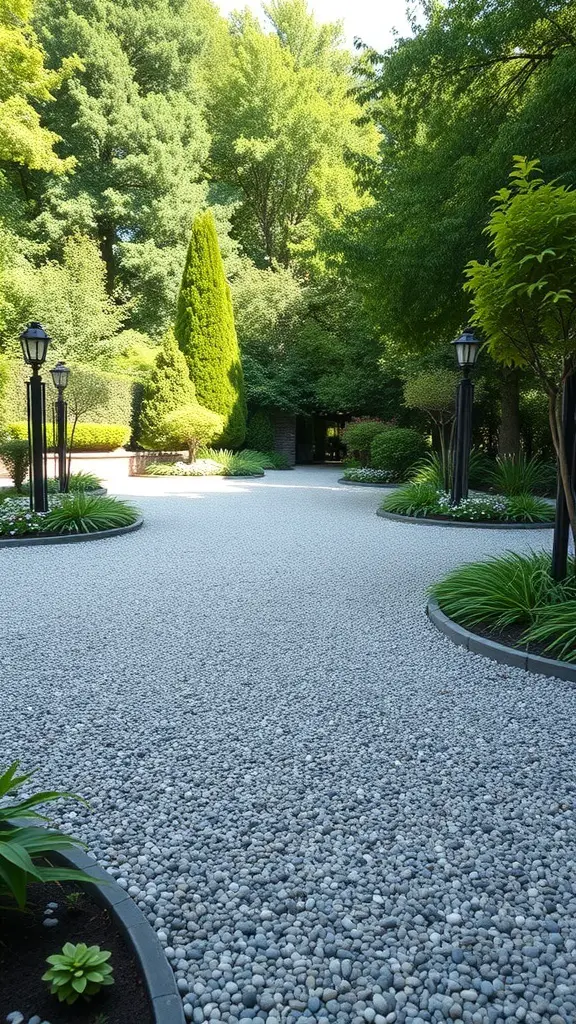 A circle driveway landscaped with decorative gravel and surrounded by lush greenery and lighting.