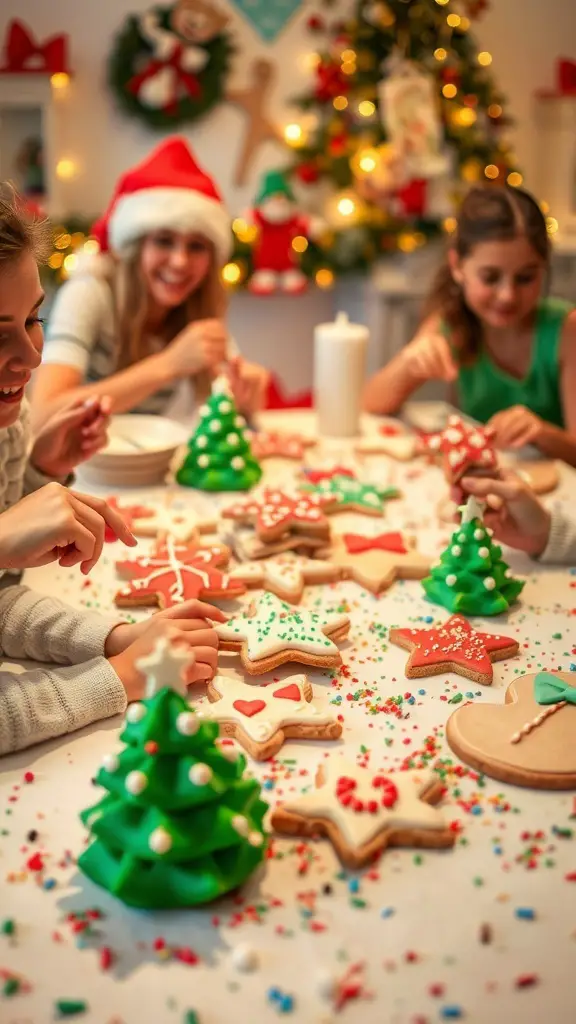 31+ Creative Friendsmas Party Ideas You’ll Love 10 A festive cookie decorating station with friends enjoying decorating cookies for a friendsmas party.