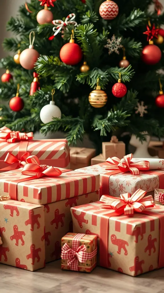 31+ Creative Gingerbread Christmas Decor Ideas You’ll Love 15 Gingerbread-themed gift wrapping under a Christmas tree with ornaments.