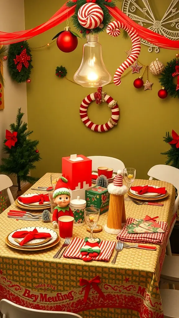 37+ Stunning Christmas Table Decorations You'll Love 18 A whimsical elf-themed Christmas table setting with colorful decorations, an elf doll centerpiece, and festive dinnerware.