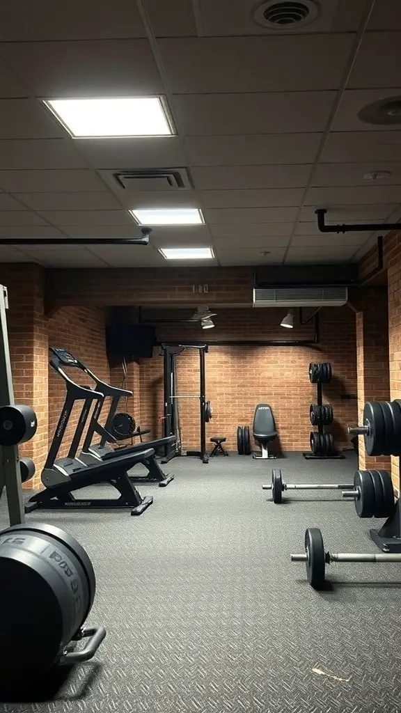 27+ Creative Open Basement Ideas You’ll Love 10 A home gym in a basement with workout equipment including a treadmill, weights, and a multi-gym setup.