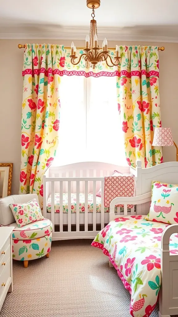 27+ Stunning Ralph Lauren Nursery Ideas for Your Little One 15 A colorful nursery featuring floral curtains, bedding, and a cozy crib.