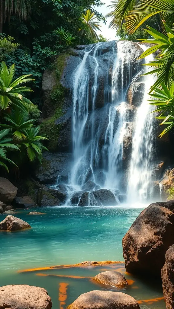 A beautiful tropical waterfall flowing into a clear pool surrounded by lush greenery and rocks.