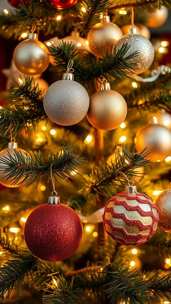 A close-up of a Christmas tree adorned with metallic and glitter ornaments in gold, silver, and red.