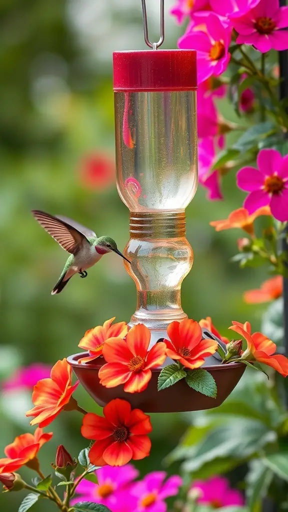 A hummingbird feeder with a built-in planter, surrounded by vibrant orange flowers.