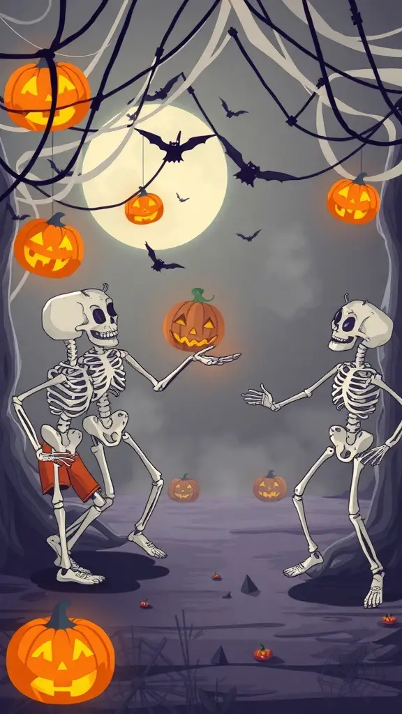 Two skeletons exchanging a pumpkin under a full moon with bats and Halloween decorations.