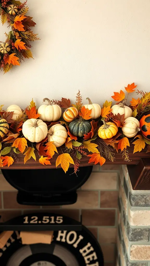 A decorative garland made of gourds and autumn leaves on a mantel