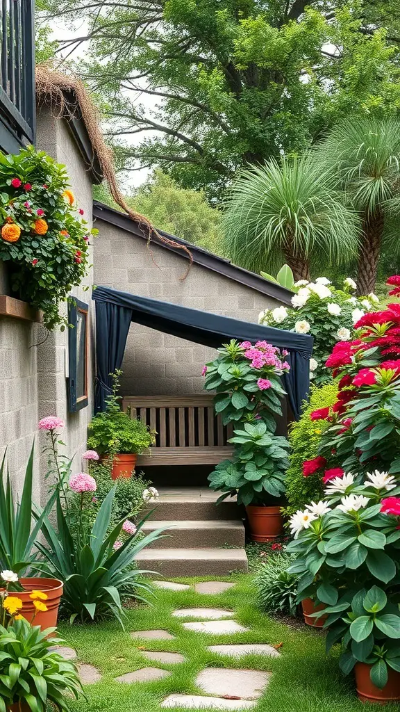 A cozy garden seating nook with a bench surrounded by colorful flowers and plants.