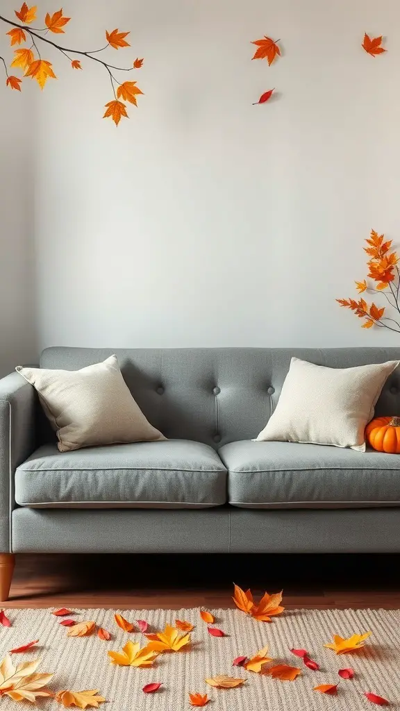 A cozy grey couch decorated with seasonal fall leaves and a pumpkin, creating a warm living room atmosphere.