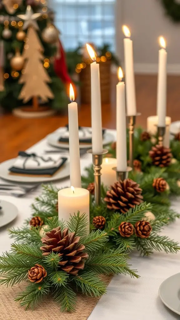 31+ Creative DIY Christmas Decorations You Can Make at Home 8 A festive table centerpiece featuring pinecones, greenery, and candles, creating a cozy holiday atmosphere.