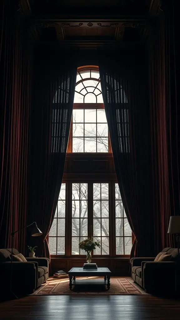 25+ Dark Academia Living Room Essentials You Need for a Cozy Aesthetic 10 A dark academia living room with tall curtains framing a large window, showcasing a cozy and dramatic atmosphere.