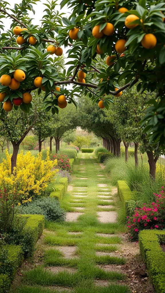 A pathway lined with fruit trees and colorful flowers