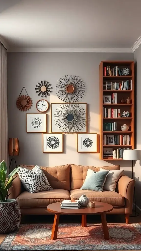 27+ Stunning Small Living Room and Dining Area Combinations 20 A small living room with a cozy sofa, decorative wall art, and a bookshelf, showcasing effective use of vertical space.