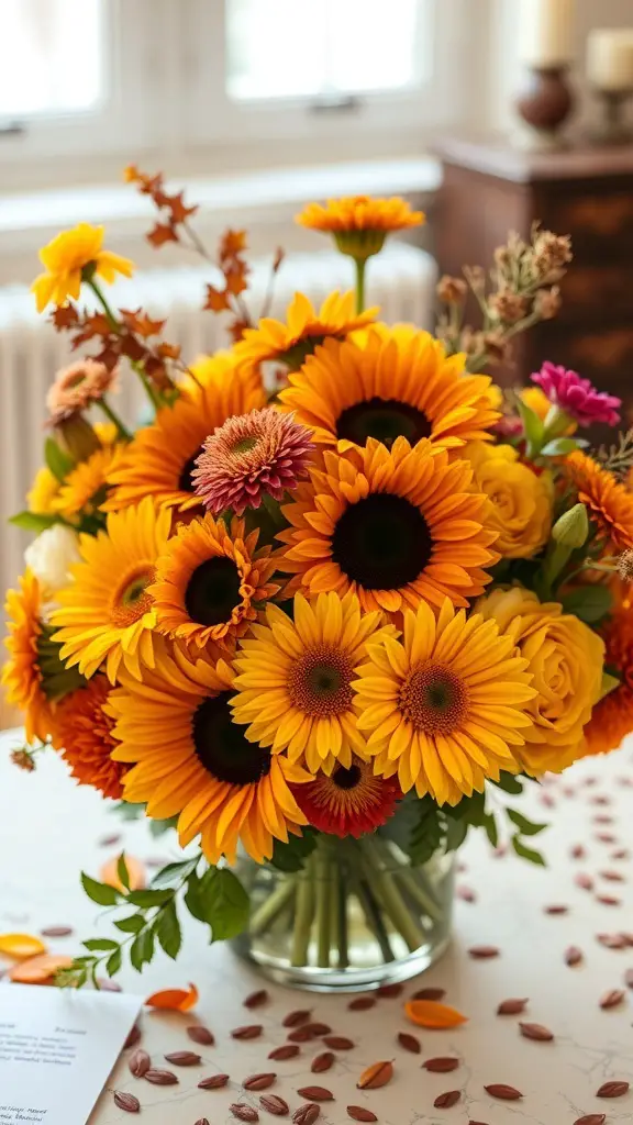 25+ Stunning Fall Dining Table Decor Ideas You Need to Try 20 A vibrant floral arrangement featuring sunflowers and autumn blooms in a clear vase.