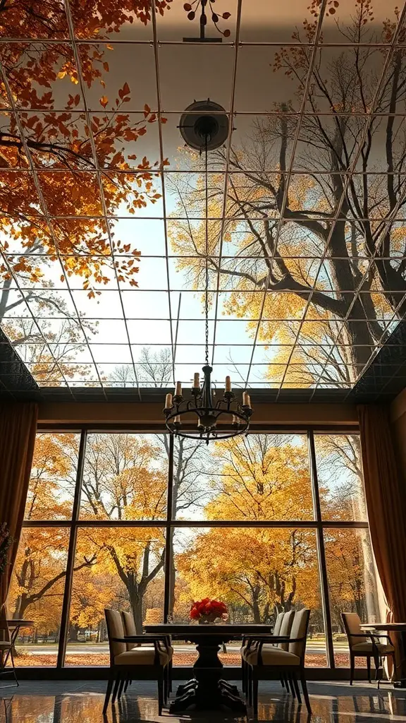 27+ Stunning Fall Ceiling Designs to Inspire Your Home Decor 19 A dining area with a mirrored ceiling and autumn leaves decor