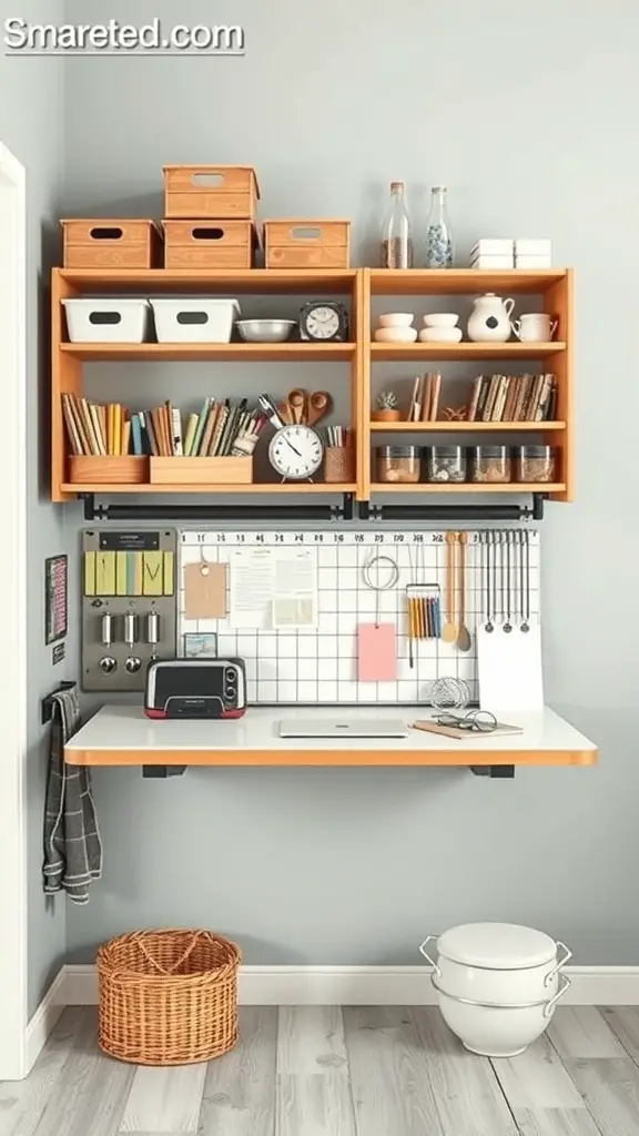 25+ Craft Tables with Storage for Organized Creativity 8 A wall-mounted craft table with storage, featuring shelves, boxes, and a pegboard.