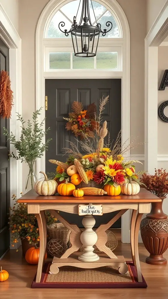 A fall entryway with a harvest-themed centerpiece featuring pumpkins and flowers on a table.
