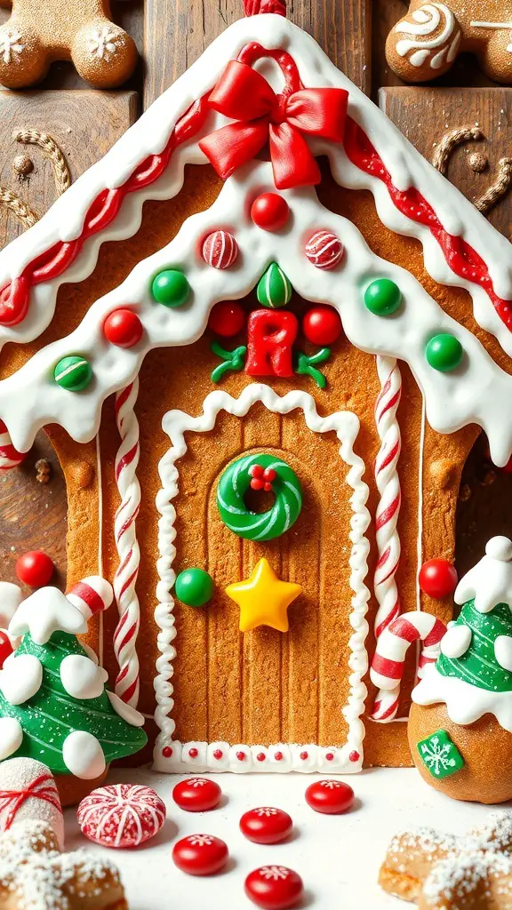A beautifully decorated gingerbread house with a colorful door, surrounded by festive candies.