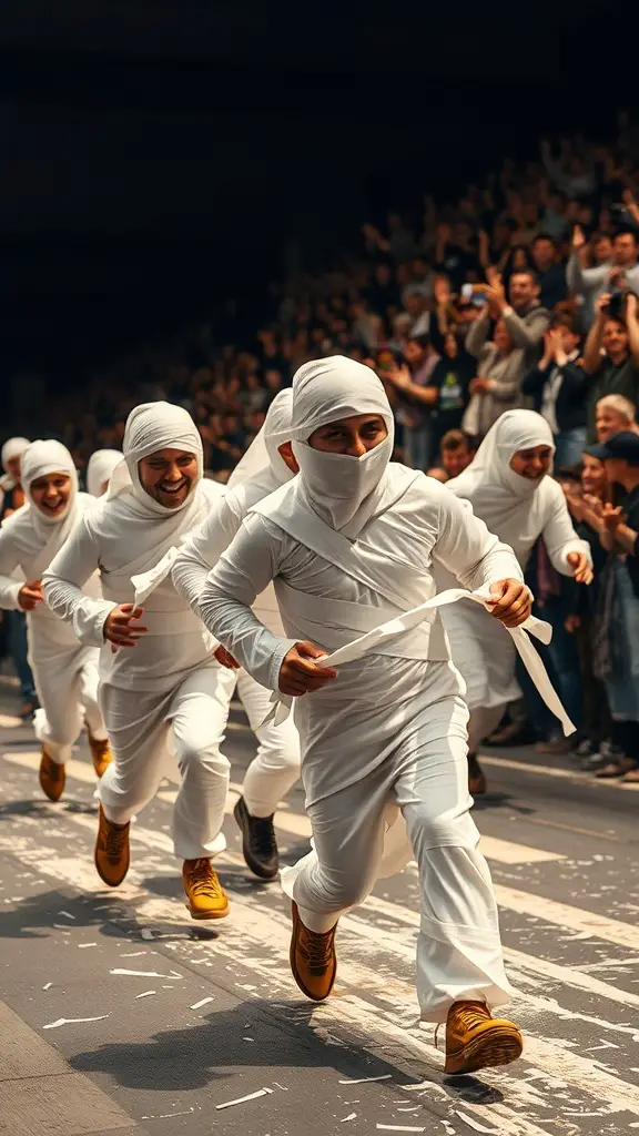 19+ Exciting Halloween Carnival Games for Spooktacular Fun 5 Participants in white costumes running in a relay race, resembling mummies.
