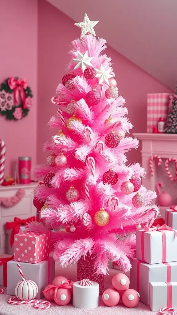 31+ Pink Christmas Tree Ideas to Brighten Your Holiday Décor 18 A pink Christmas tree with candy cane accents, surrounded by wrapped gifts.