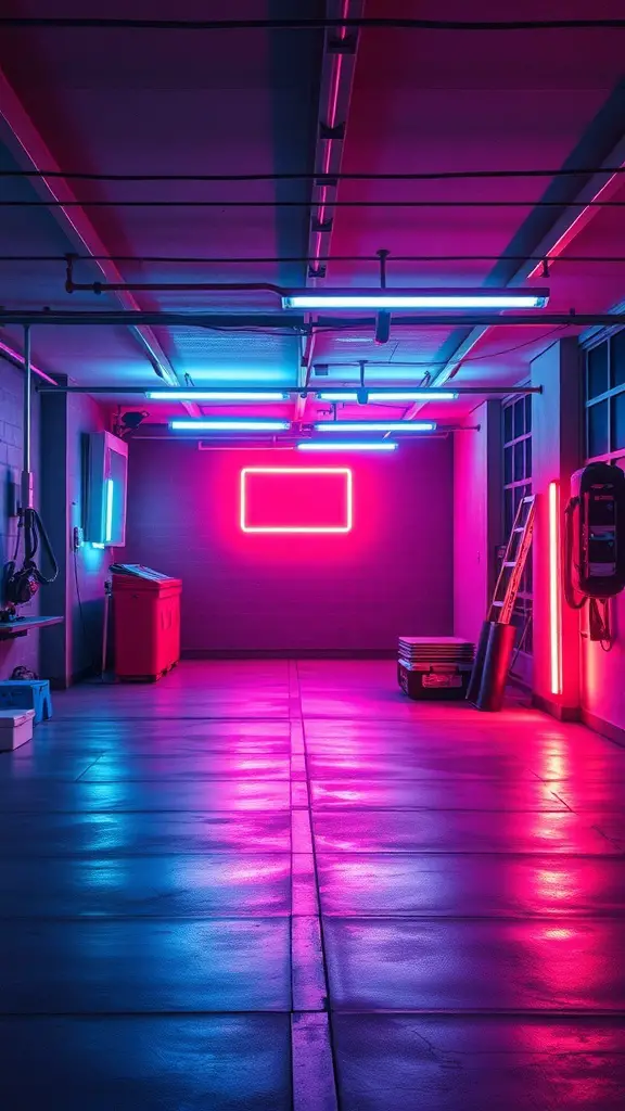 A garage with neon glow effects featuring pink and blue lights